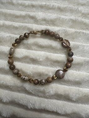 7.5” Natural African Picture Jasper Beaded Bracelet with Gold Accents